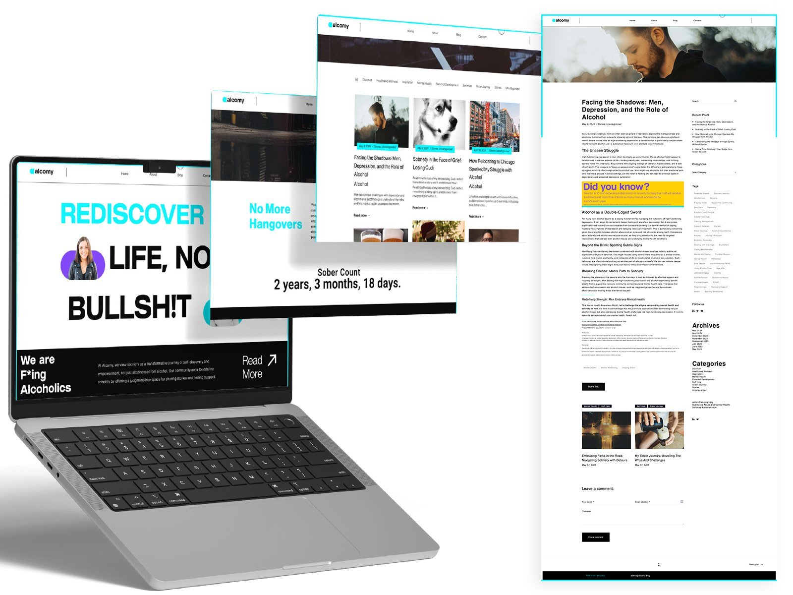 Alcomy sobriety blog web interface design