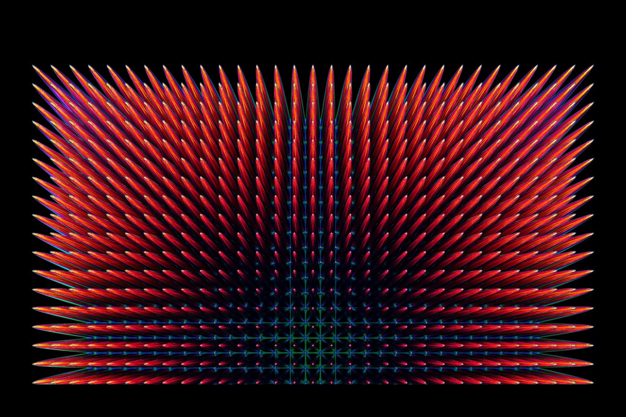 A dense radial lattice of red and blue filaments converging on a dark centre