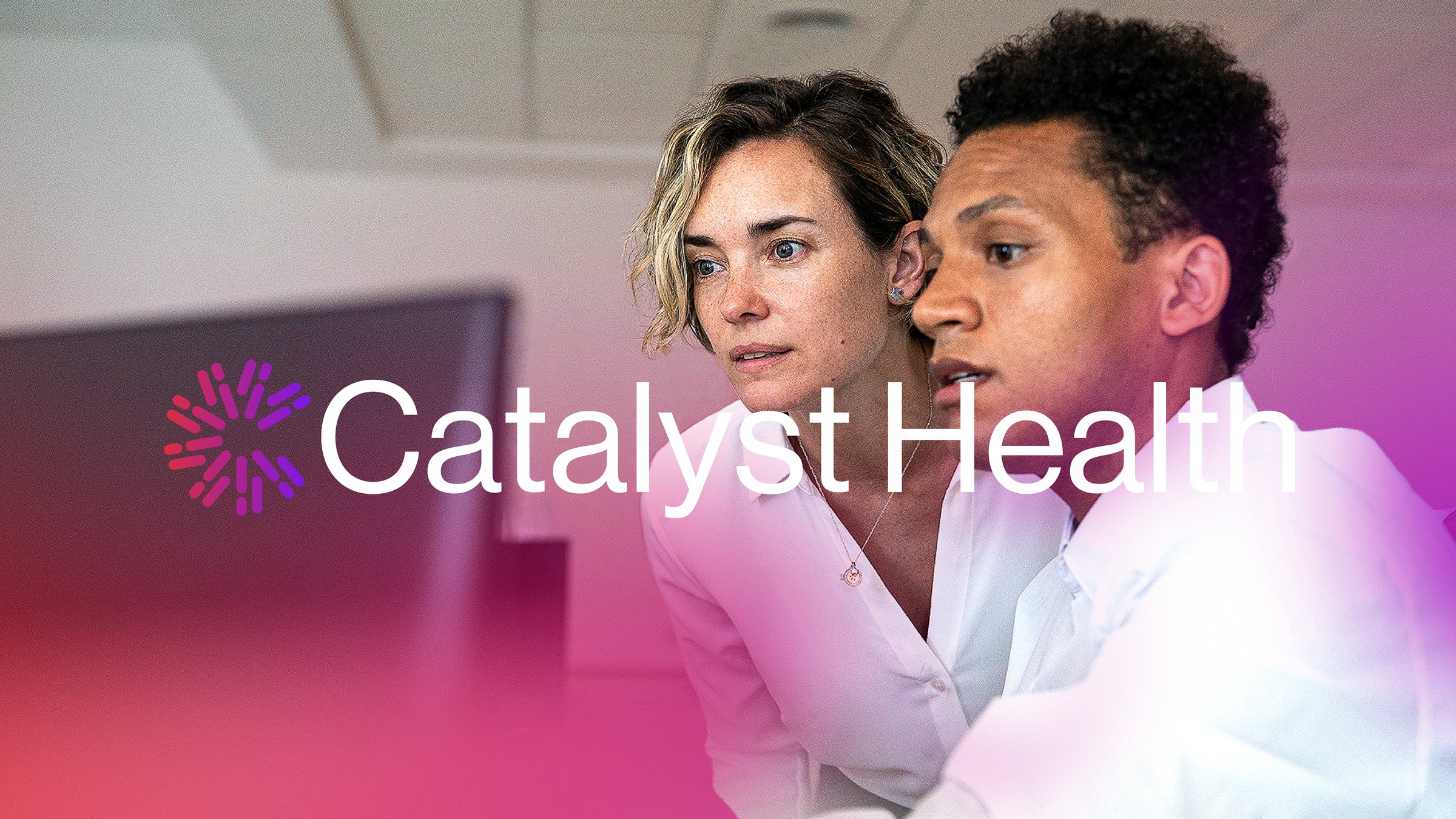 Catalyst Health brand lockup applied over photography, with the gradient mark and wordmark reversed to white