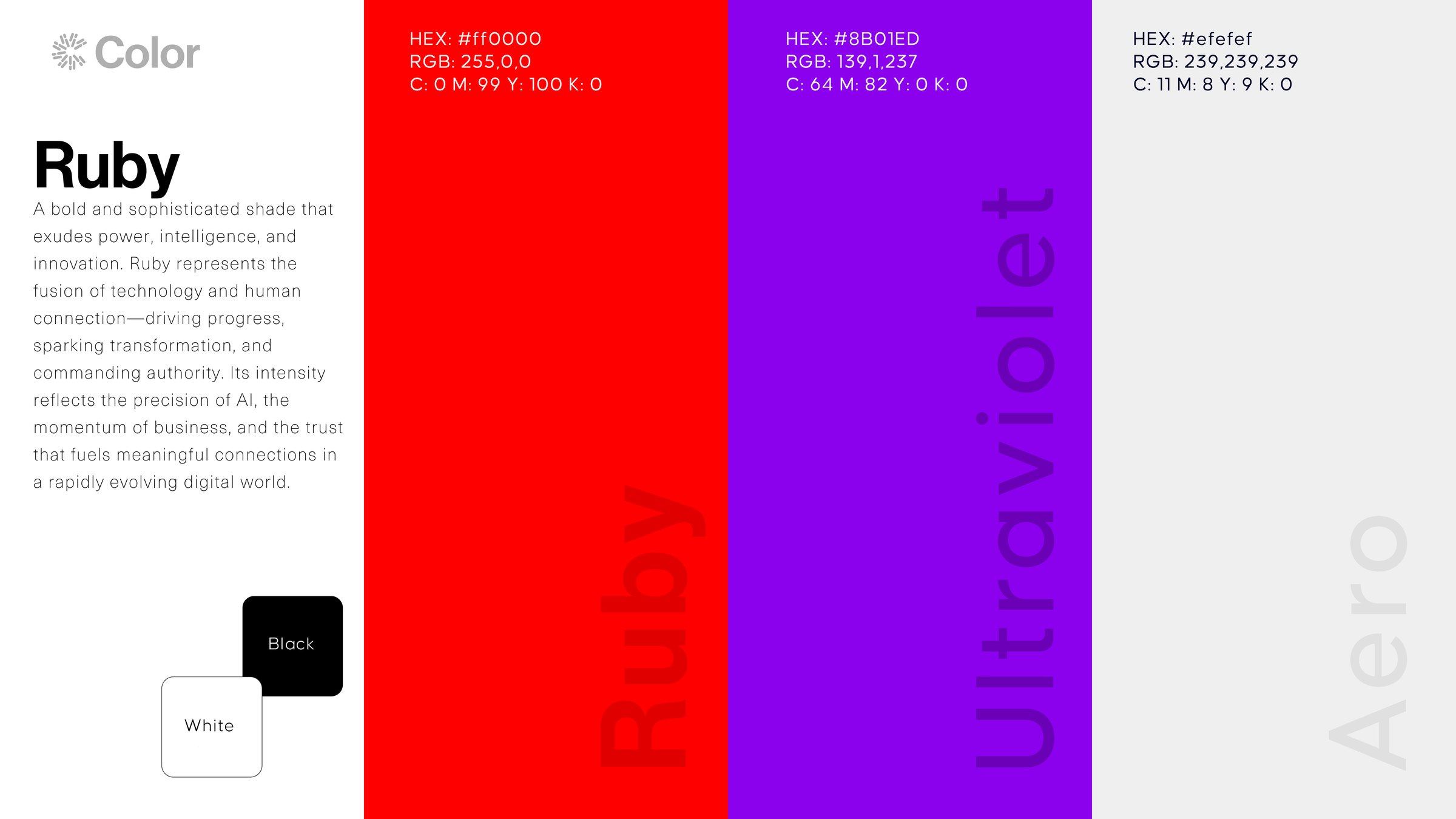 Catalyst Health colour system: Ruby, Ultraviolet, Aero, black and white with hex, RGB and CMYK values