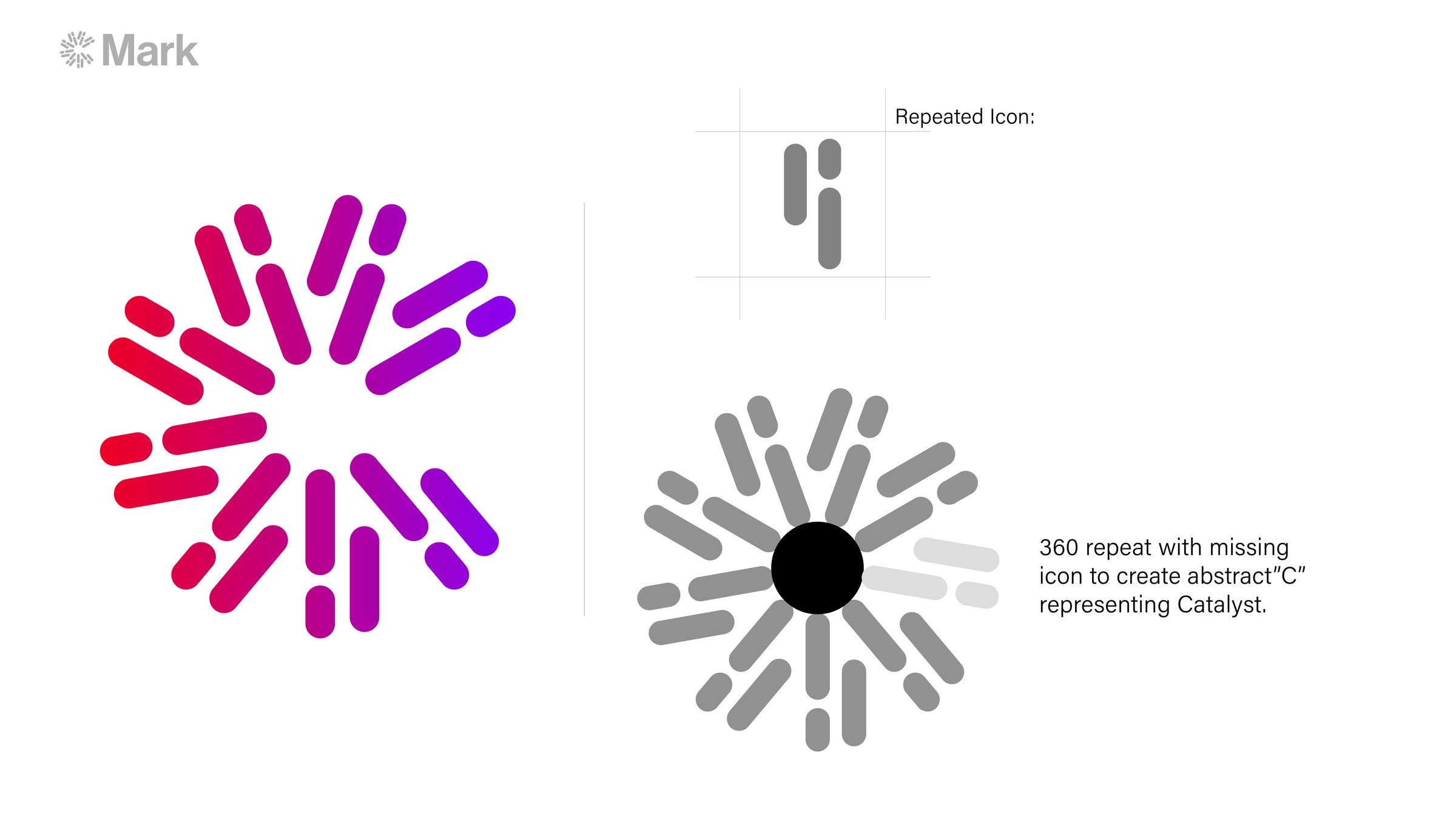 Construction of the Catalyst Health mark: a repeated two-stroke icon rotated through 360 degrees with one instance removed to form an abstract C