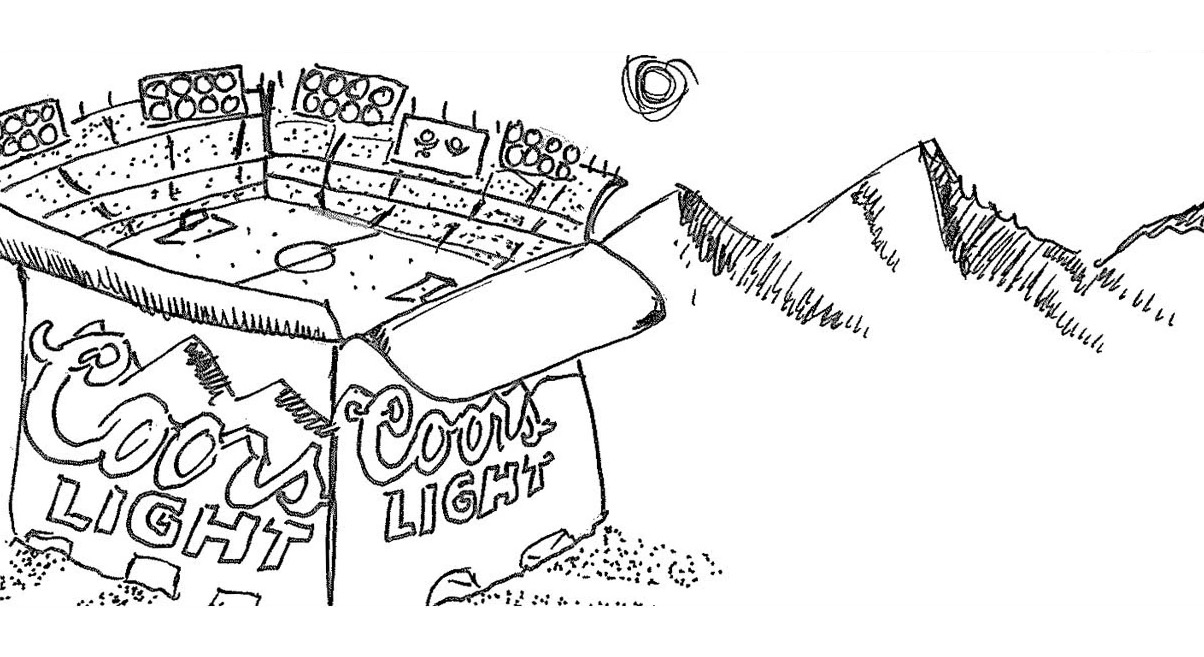 Hand-drawn concept sketch of the Coors Light 24-pack box with a stadium inside it