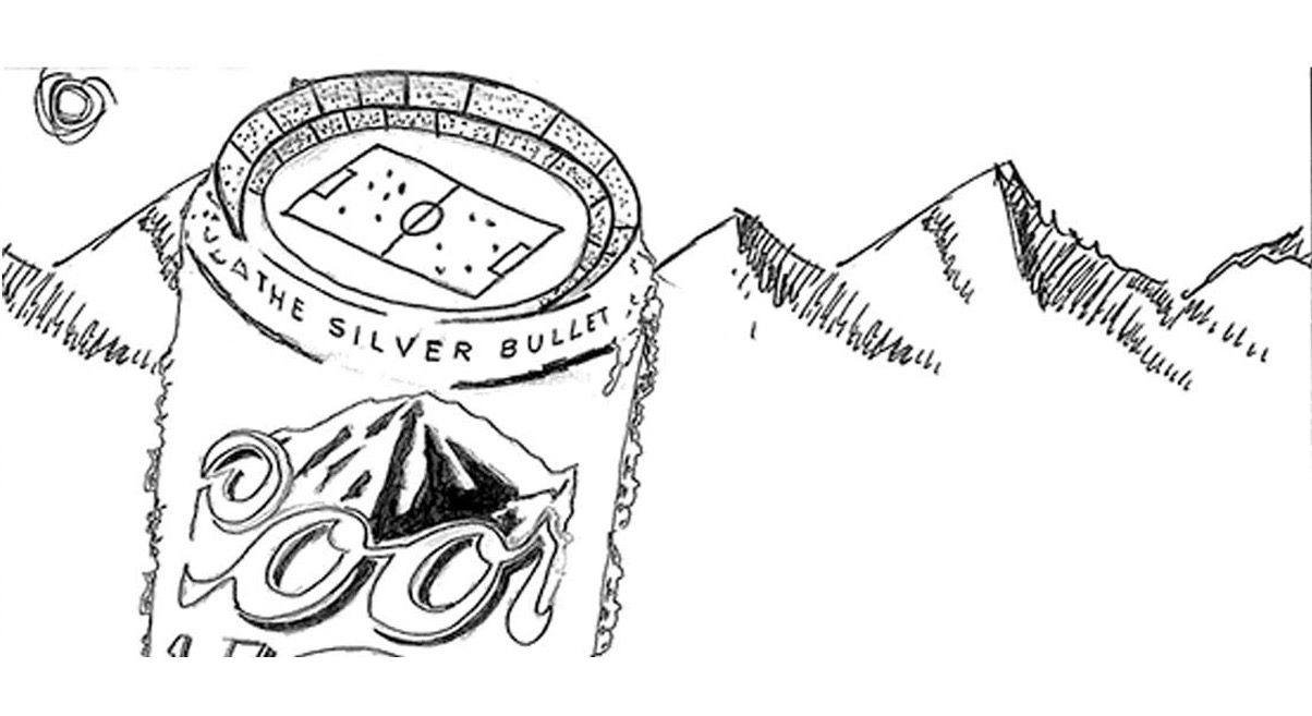 Hand-drawn concept sketch of the Coors Light can with a stadium built into its top