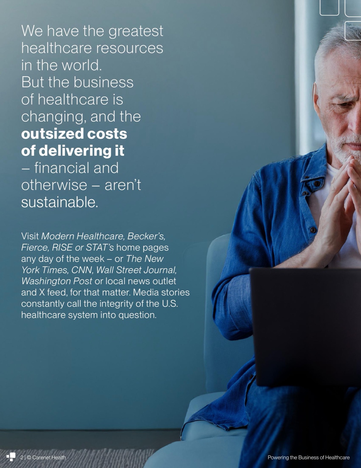 Declaration page 2, full-bleed photo of a worried man with a laptop, white headline overlay
