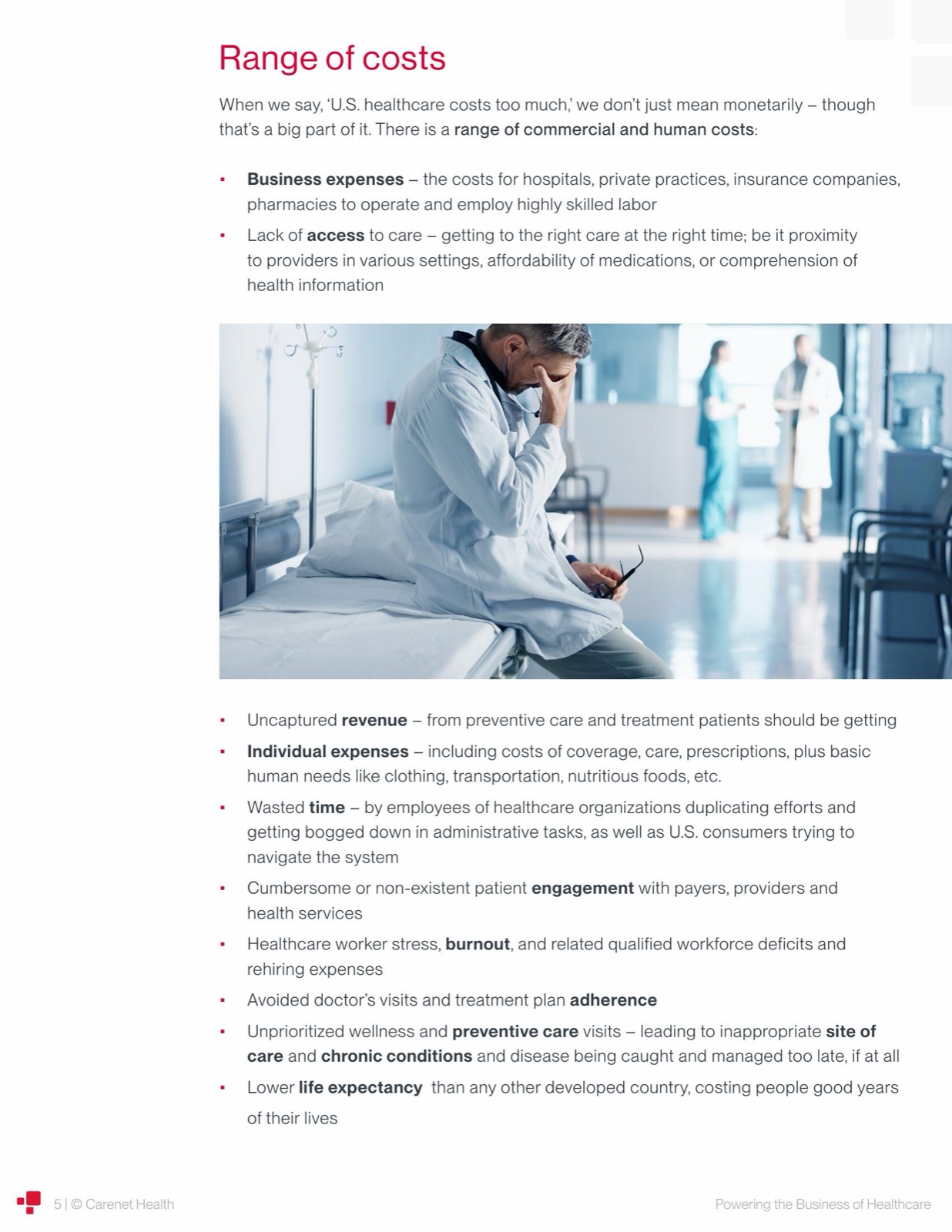 Declaration page 5, range-of-costs list beside a photo of a stressed doctor seated on a hospital bed