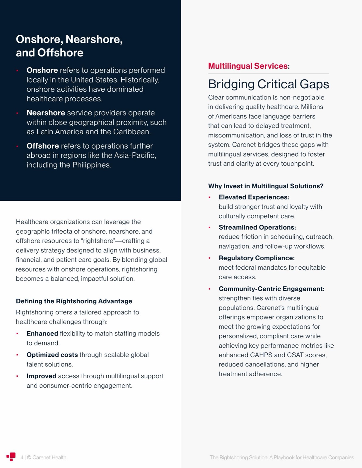 Playbook spread, onshore, nearshore, and offshore explainer with multilingual services sidebar